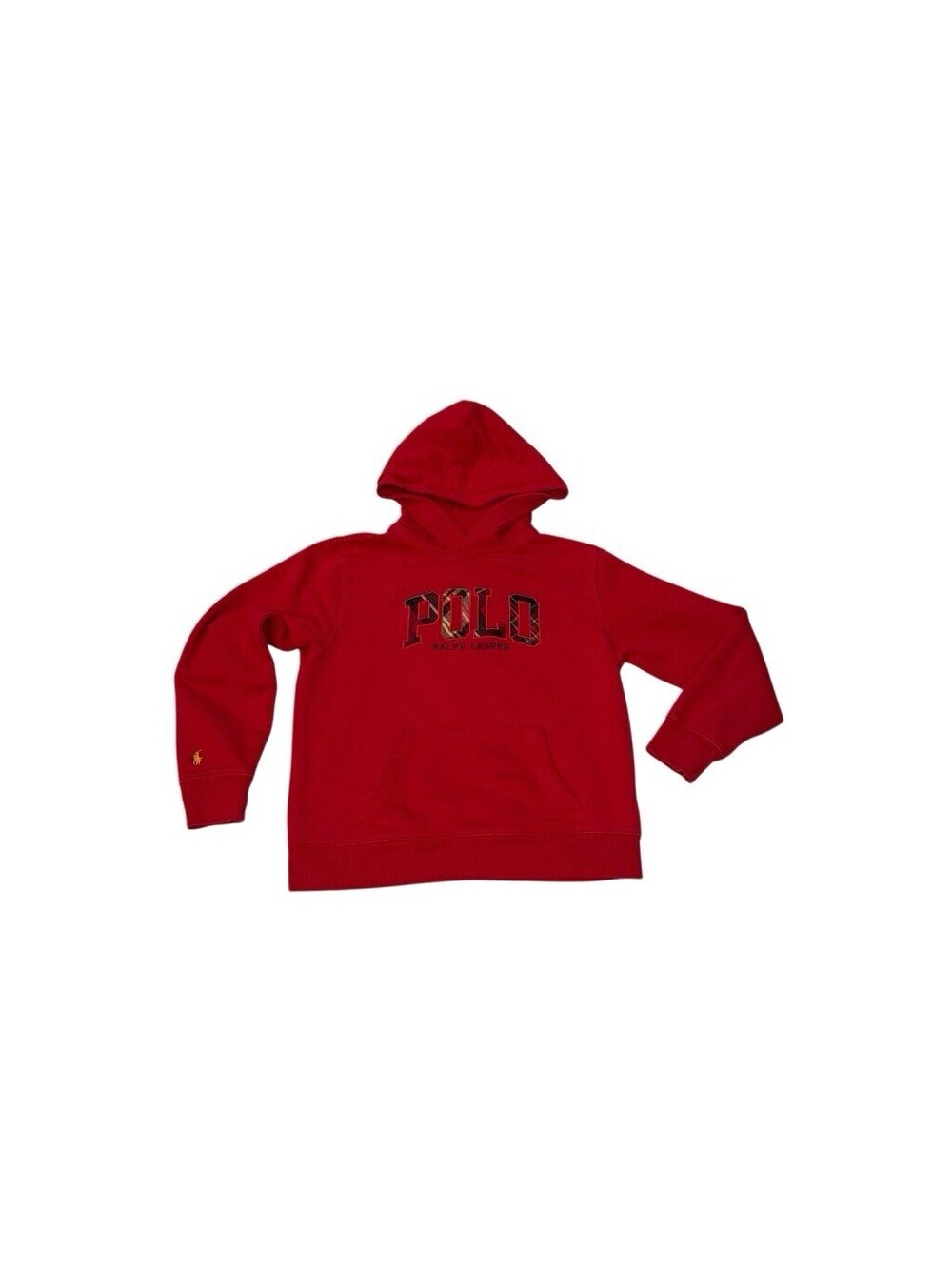 Polo Ralph Lauren Youth Boys L 14 Red Pullover Hoodie Logo Fleece Preppy Plaid